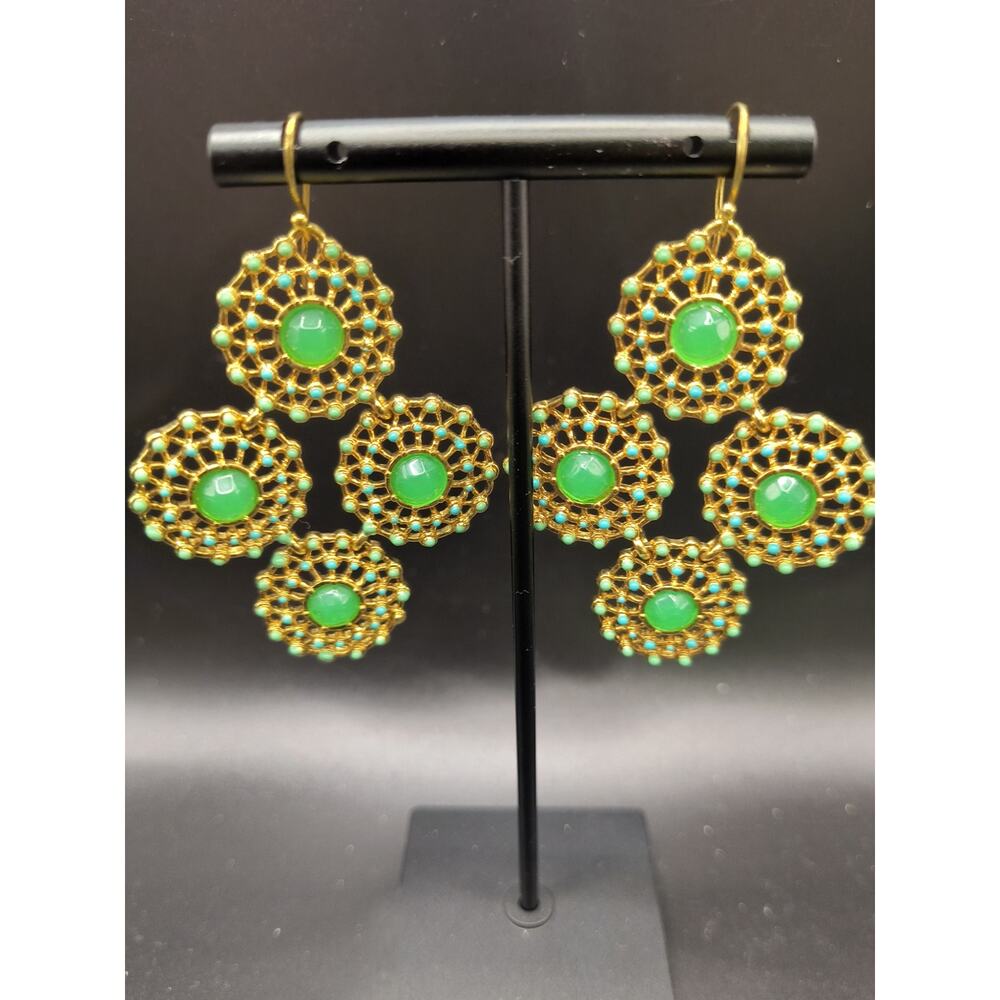 Vintage-Inspired Gold Filigree Drop Earrings With Green Center Stones